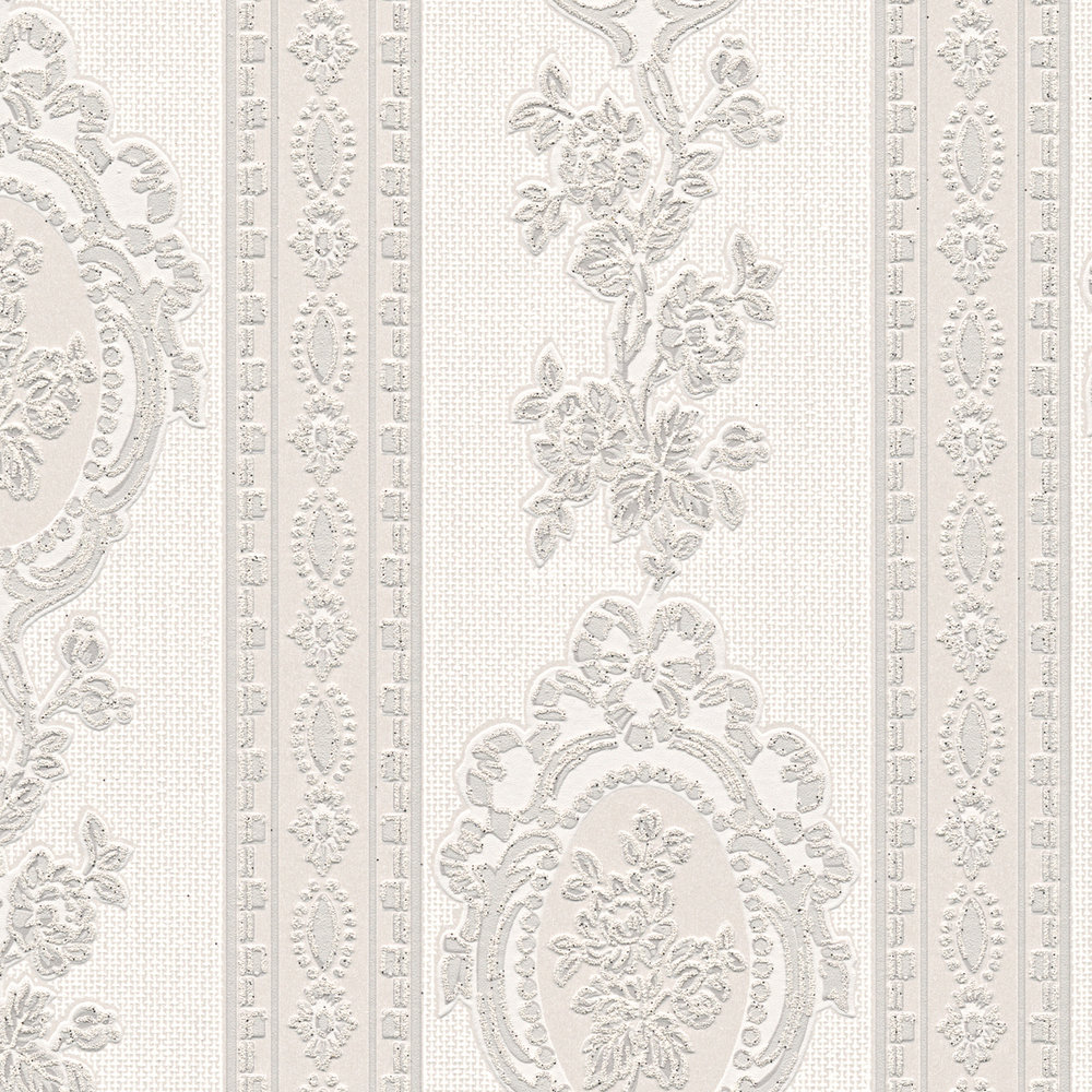            Ornamenttapete florale Elemente, Streifen und Blumen – Grau, Weiß, Silber
        