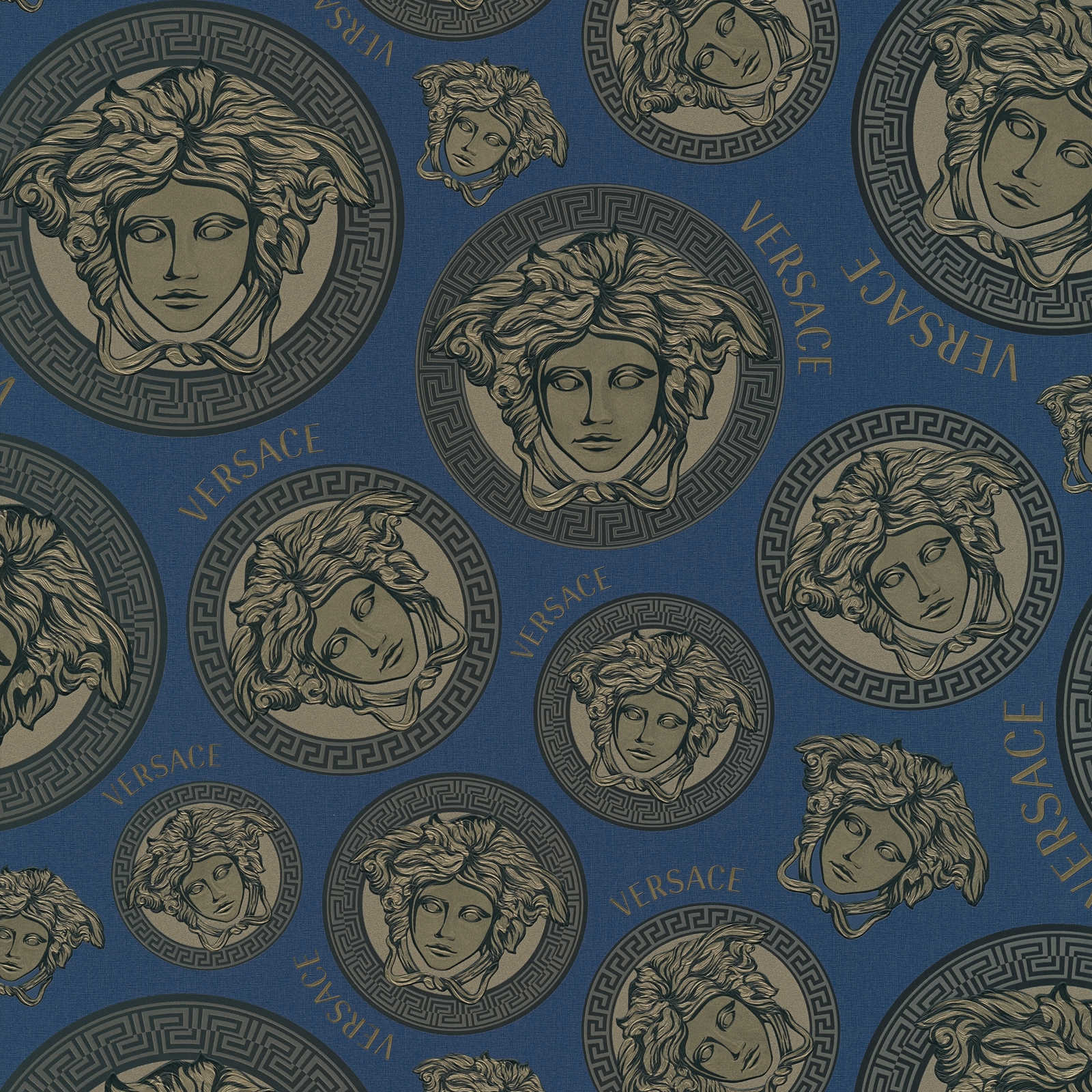 VERSACE Tapete Marineblau mit Medusa Design – Blau, Metallic
