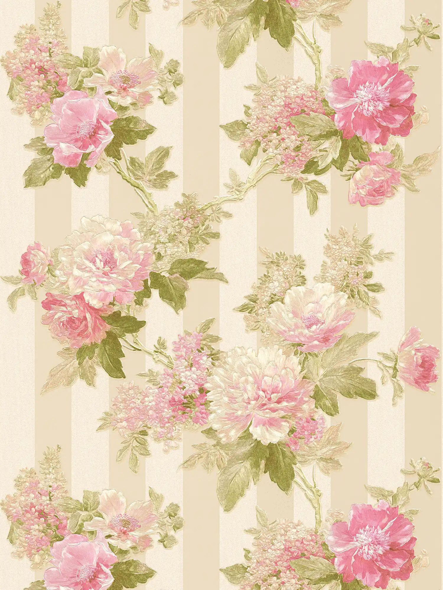         Tapete Blütenmotiv und Streifendesign – Rosa, Grün, Creme
    