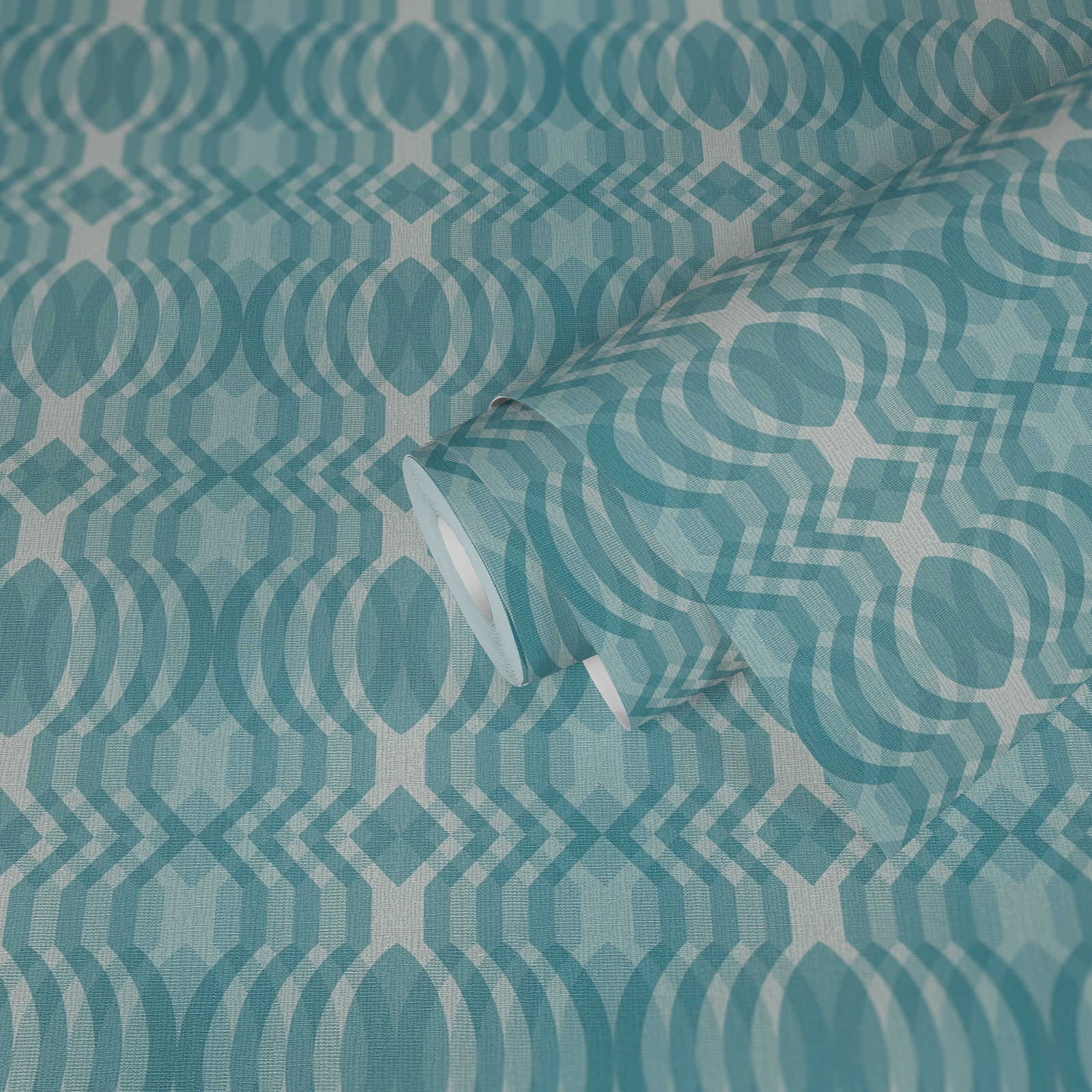             Retro Tapete mit geometrischem Muster – Blau, Creme, Weiß
        