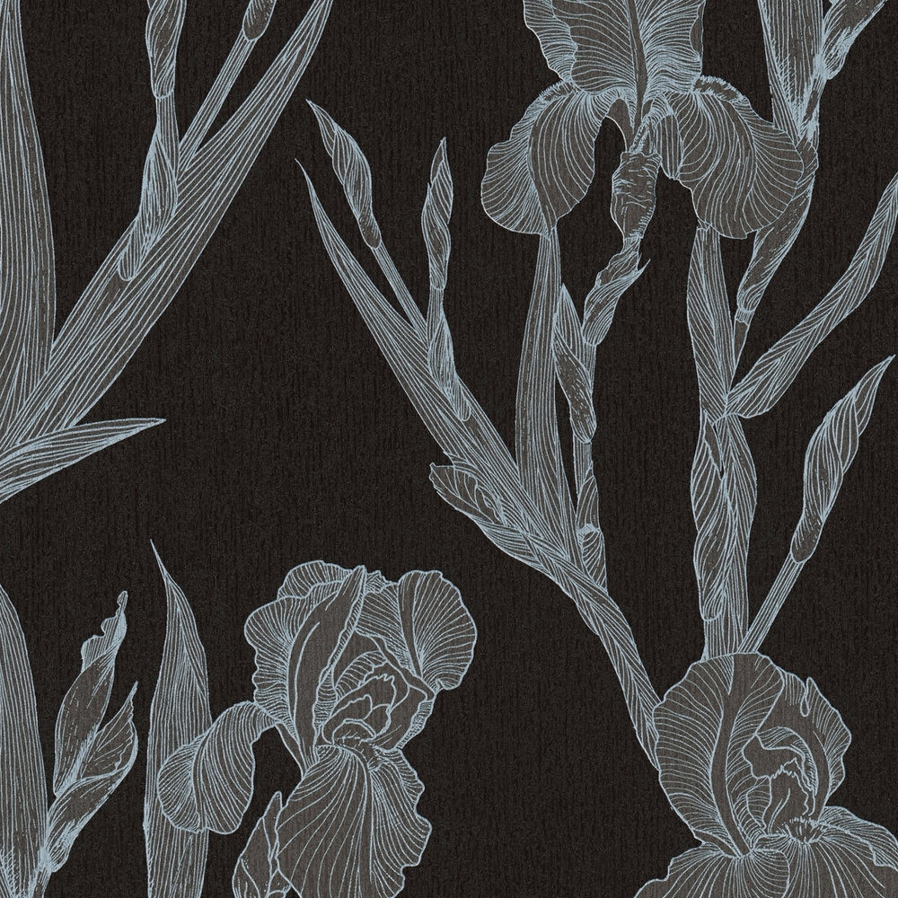             Moderne Blumentapete stilisiert, Blütenranken – Schwarz, Grau, Weiß
        
