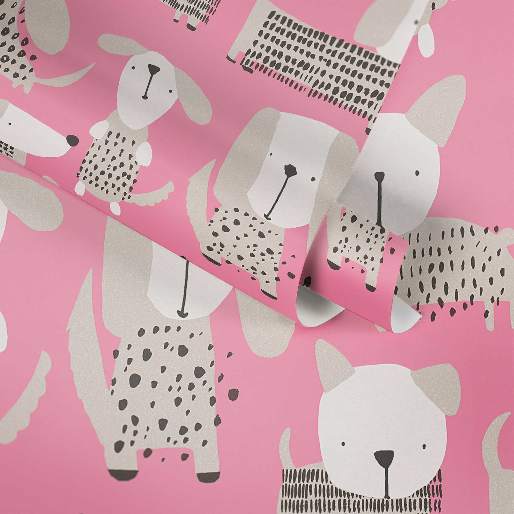             Hunde-Tapete im Comic-Stil für Kinderzimmer – Rosa, Weiß
        