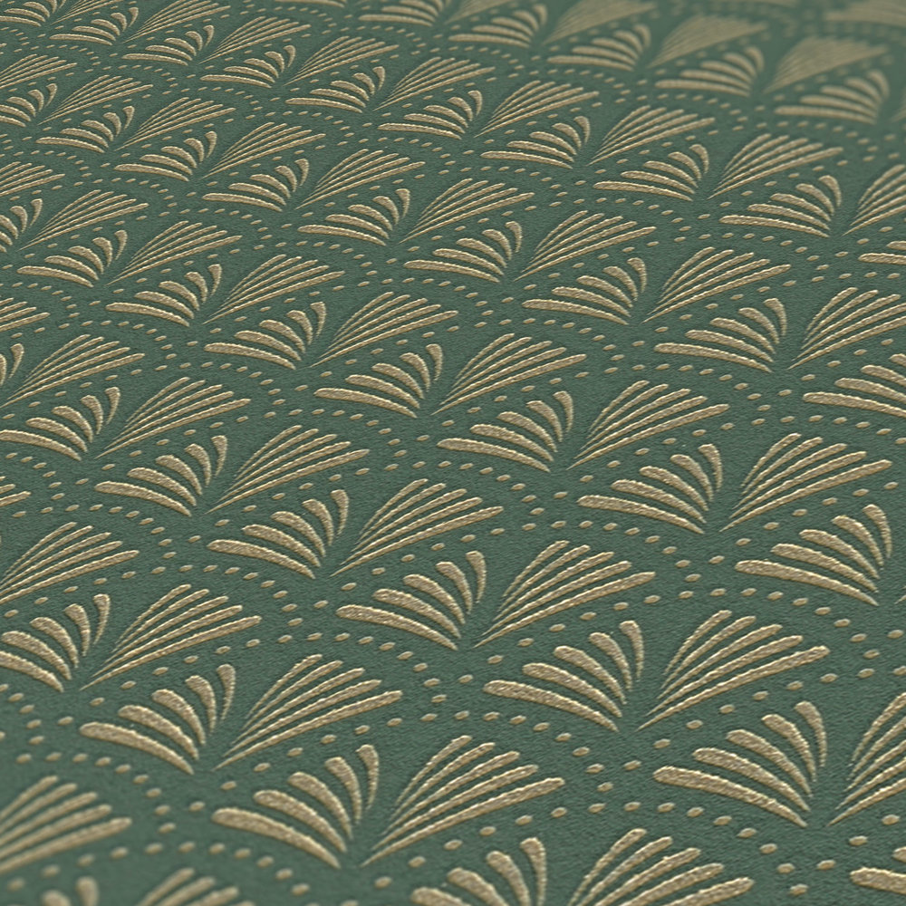             Tapete Grün & Gold mit Art Deko Muster und Metallic Effekt
        