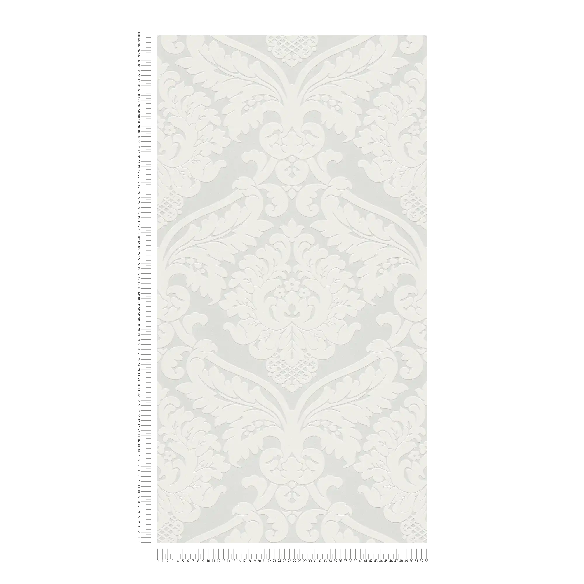             Barock-Tapete mit floralem 3D Ornament – Metallic, Weiß
        