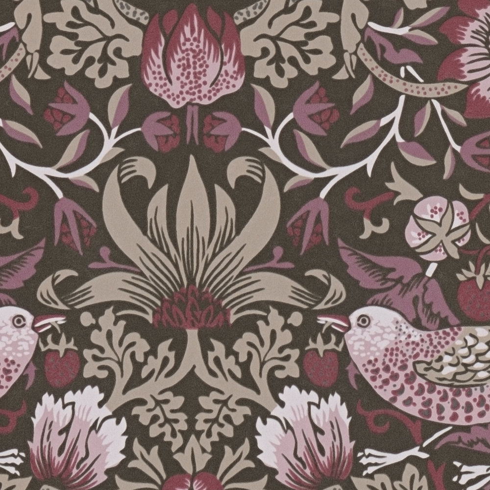             Vliestapete florales Muster mit Vögel & Beeren – Lila , Beige, Schwarz
        