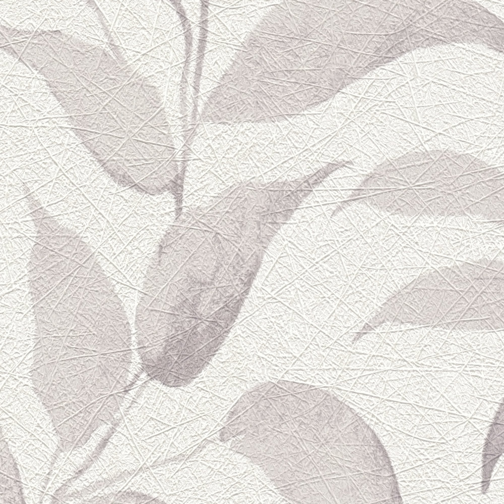             Tapete floral mit Blättern schimmernd strukturiert – Weiß, Beige, Grau
        