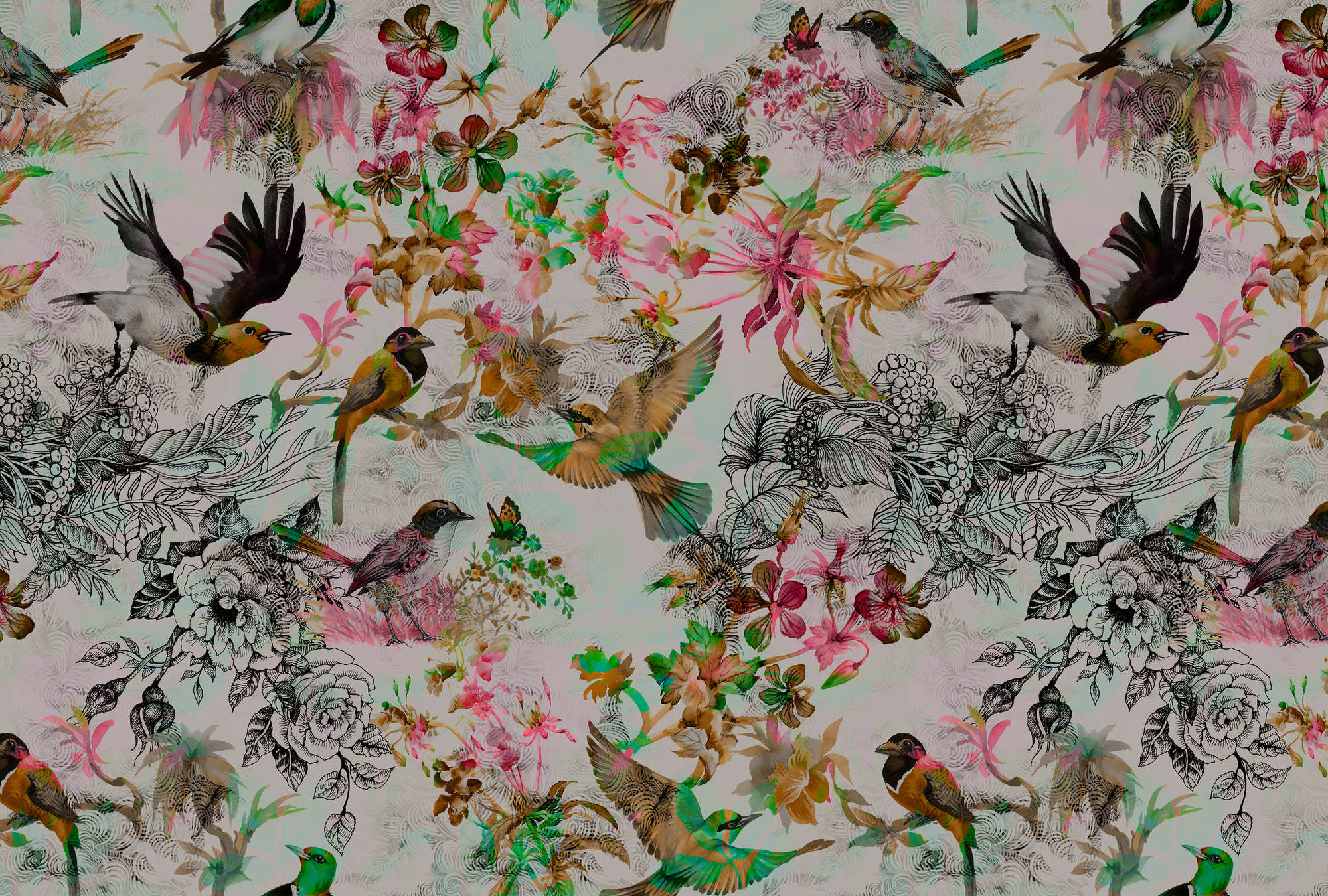             Fototapete Vögel & Blumen im Collage Stil – Grau, Rosa
        