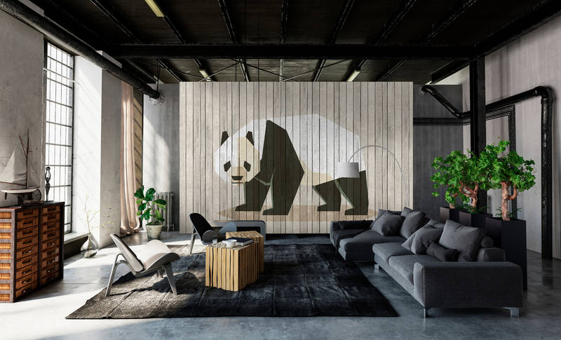             Born to Be Wild 2 - Fototapete auf Holzpaneele Struktur mit Panda & Bretterwand – Beige, Braun | Perlmutt Glattvlies
        