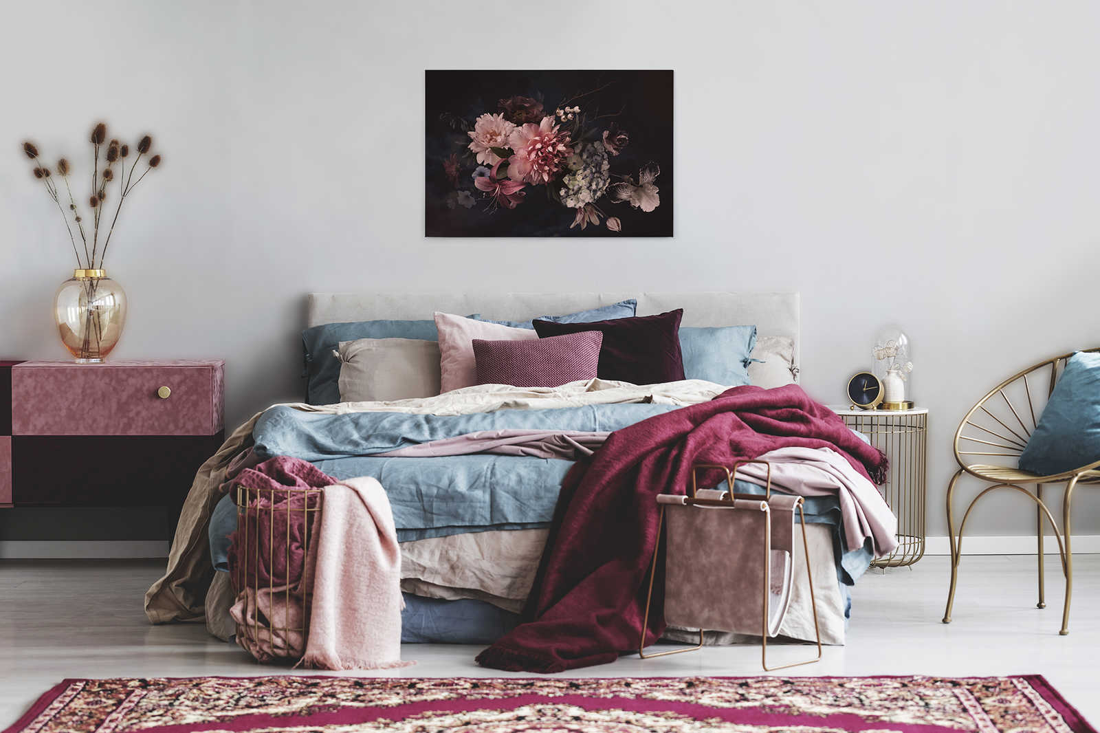             Leinwand mit Botanical-Style Blumenstrauß | rosa, schwarz – 0,90 m x 0,60 m
        