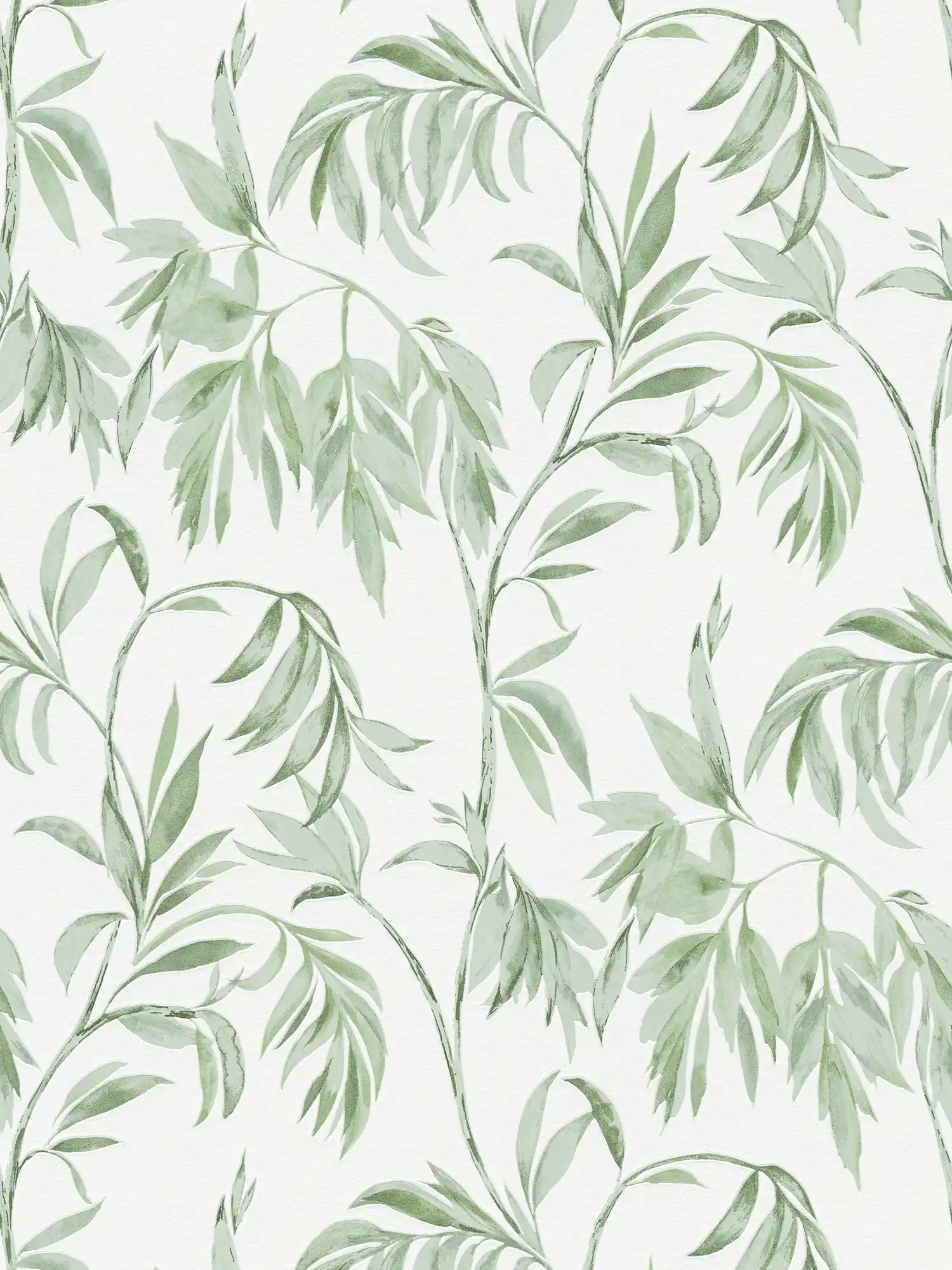 Blätterranken Tapete im Aquarell Stil – Grün, Weiß
