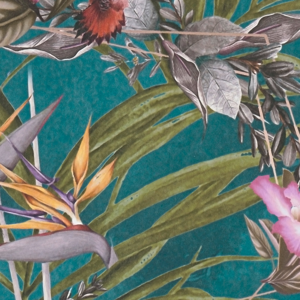             Dschungel-Tapete tropische Blumen & Vögel – Türkis, Grün, Bunt
        