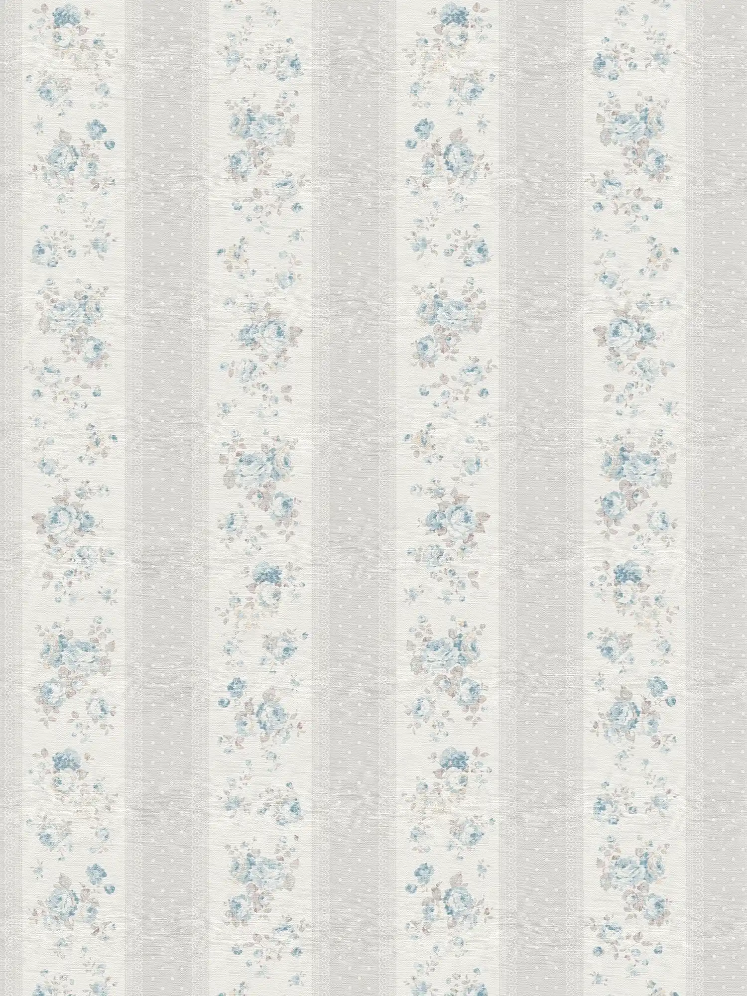         Vliestapete mit gepunkteten und floralen Streifen – Grau, Weiß, Blau
    