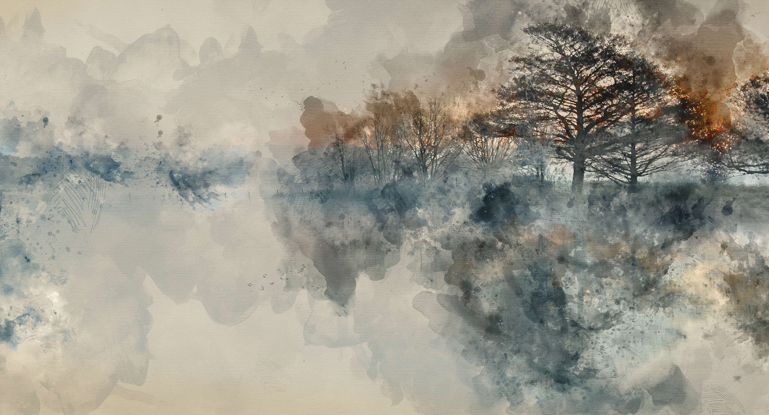             Fototapete Autumn Lake im Aquarellstil – Blau, Beige, Grau – Perlmutt Glattvlies
        