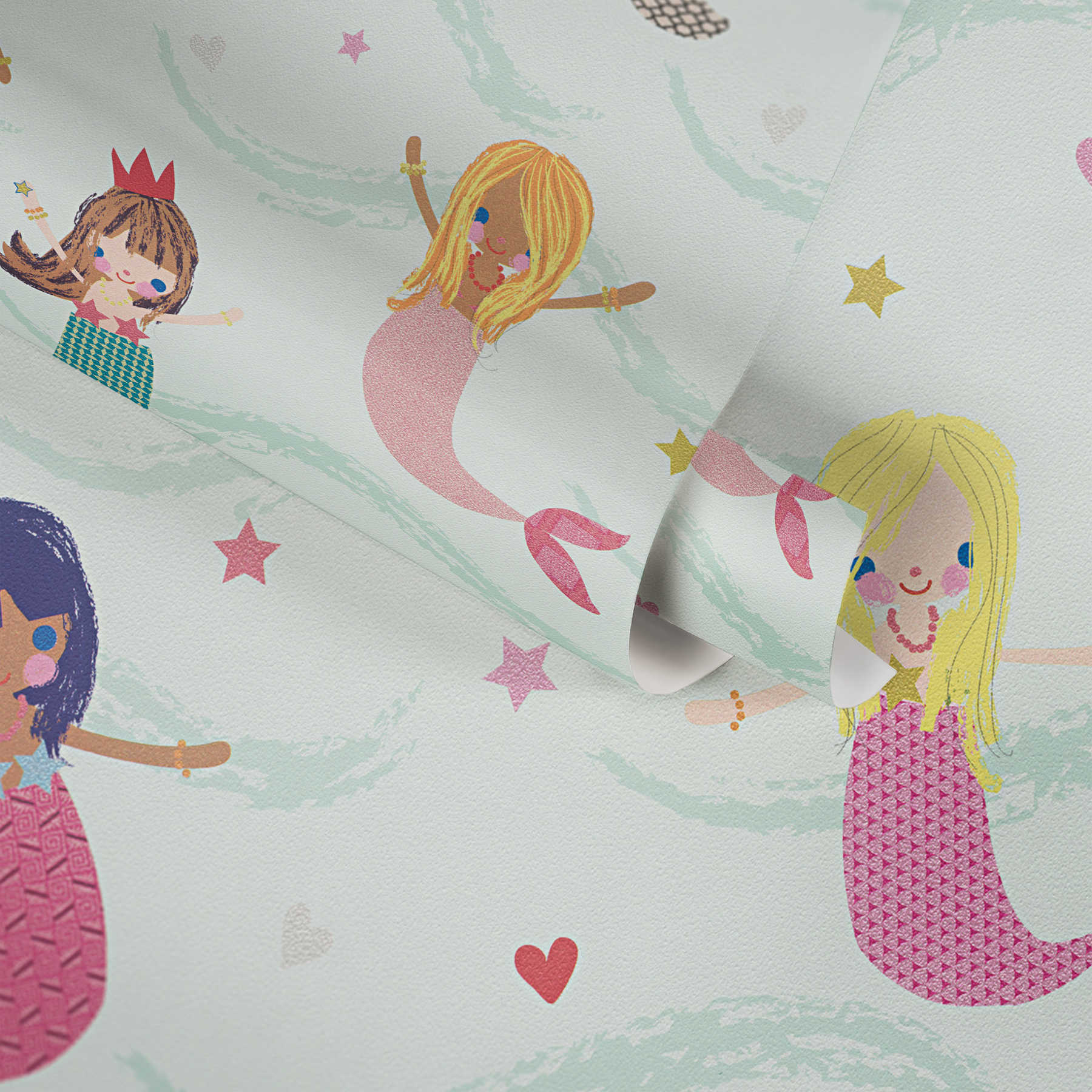             Kindertapete Meerjungfrau, fantasievolles Design – Bunt, Rosa, Grün
        