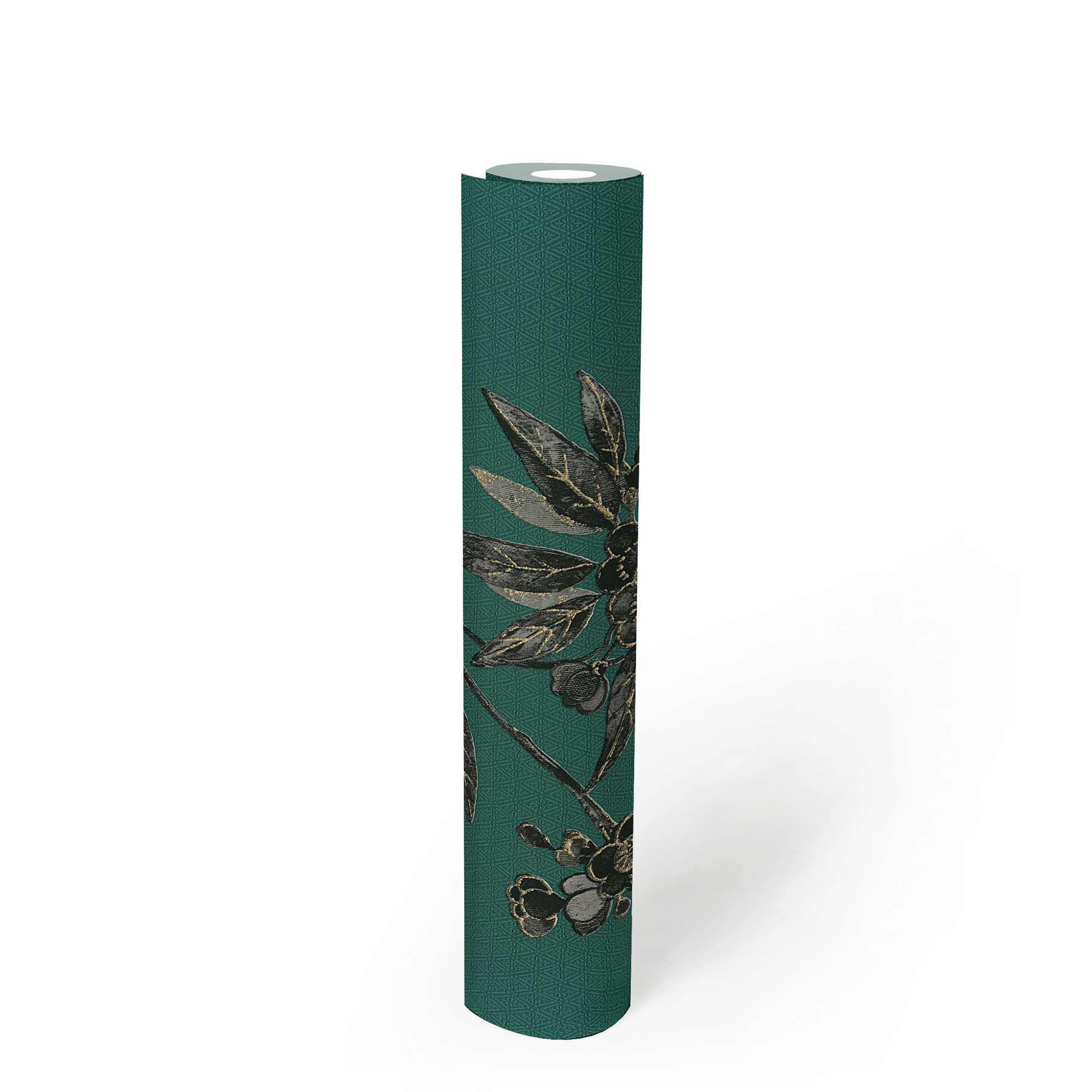             Florale Tapete mit Blütenranken im asiatischen Stil – Grün, Schwarz, Grau
        