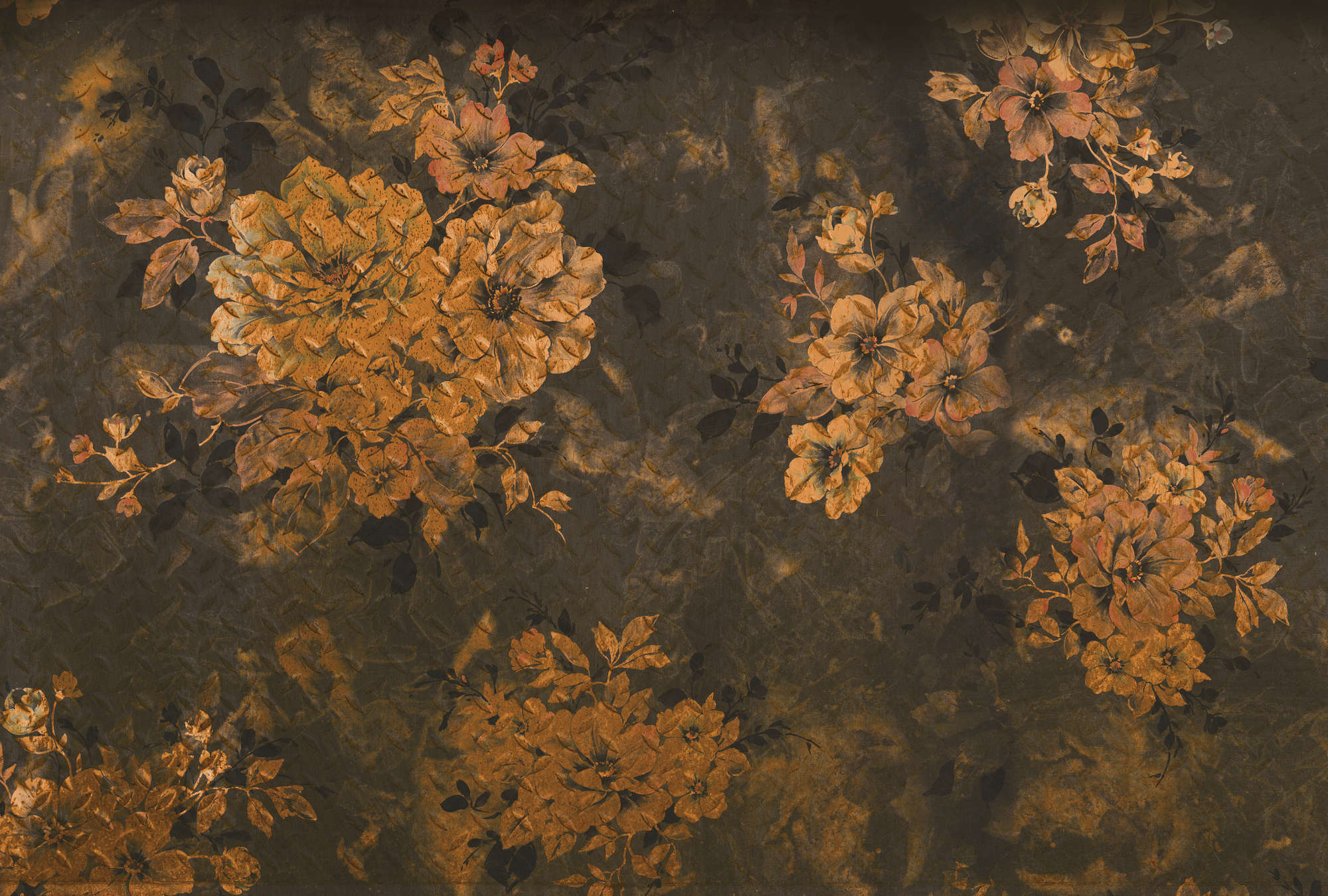             Dunkle Fototapete Blütendesign im XXL-Format – Orange, Grau, Schwarz
        