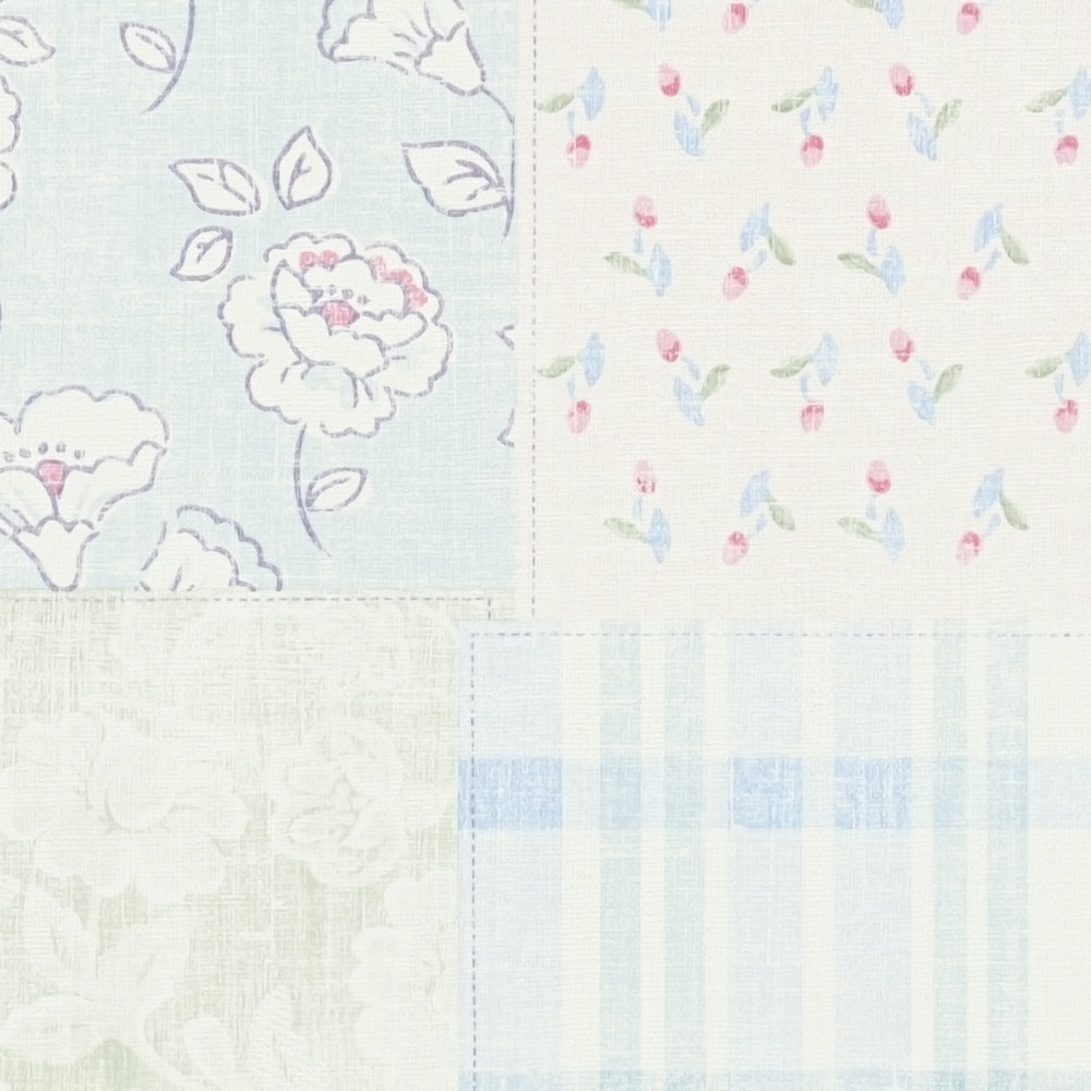             Vliestapete im Landhausstil floral – Blau, Rosa, Weiß
        