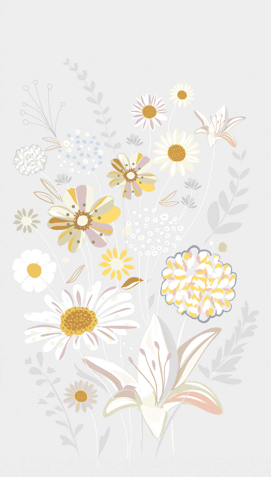             Blumenmuster Tapete mit Gräsern in hellen Farben – Grau, Gelb, Beige
        