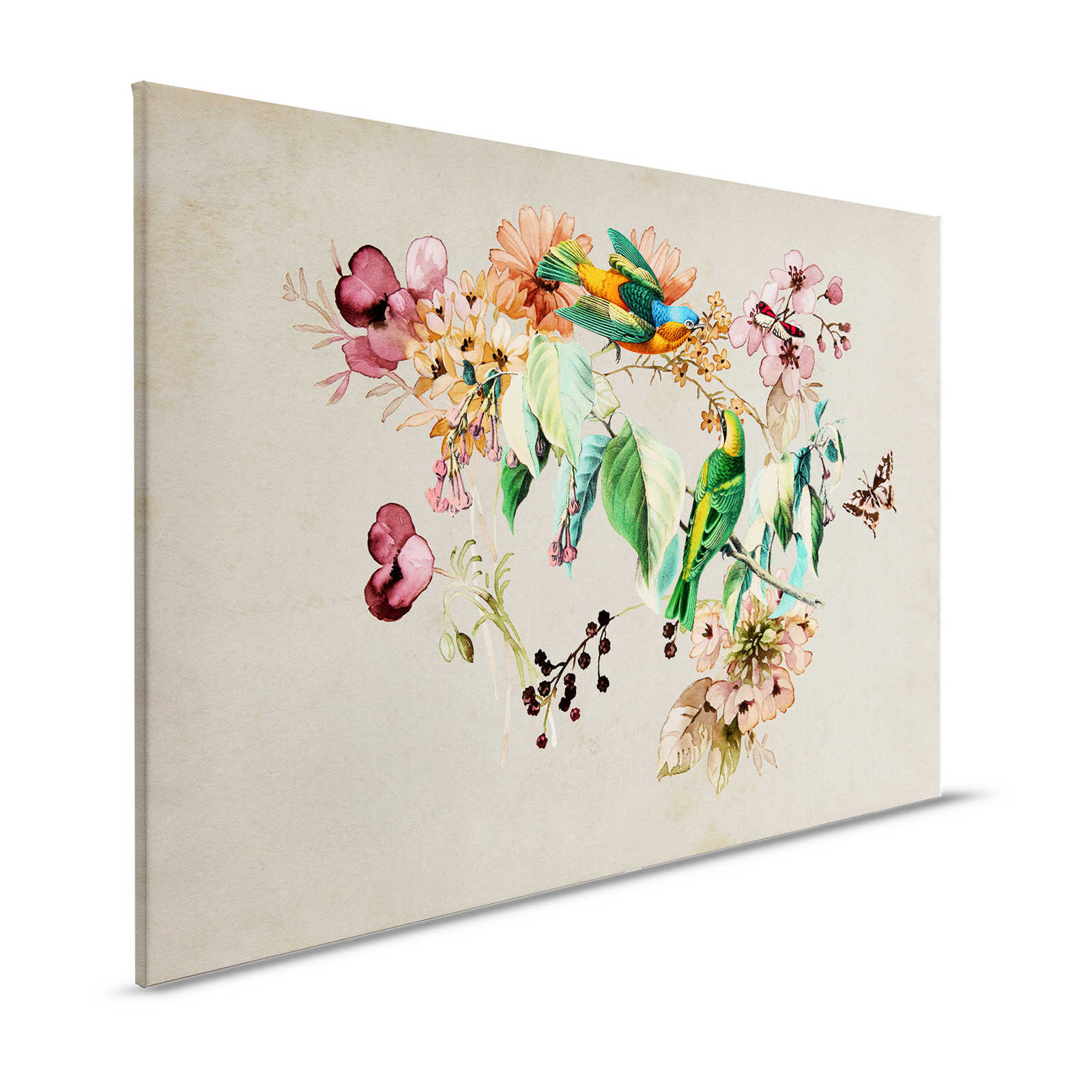 Love Nest 1 - Leinwandbild mit Aquarell Blüten & bunten Vögeln – 1,20 m x 0,80 m
