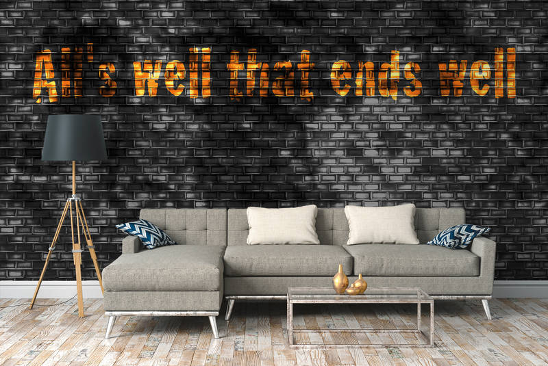             Schwarze Fototapete mit Maueroptik für Jugendzimmer – Orange, Schwarz, Grau
        