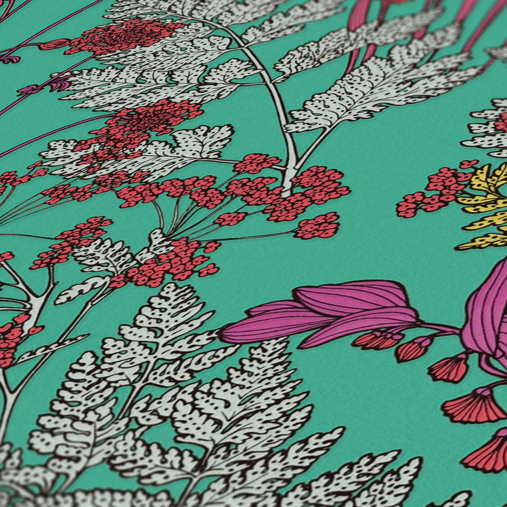             Grüne Vliestapete buntes Blätter Muster im Zeichenstil – Grün, Lila, Grau
        