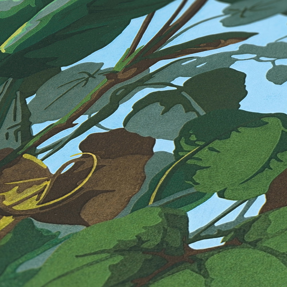             Selbstklebende Tapete | Dschungeltapete mit Blätterwald – Grün, Blau, Gelb
        