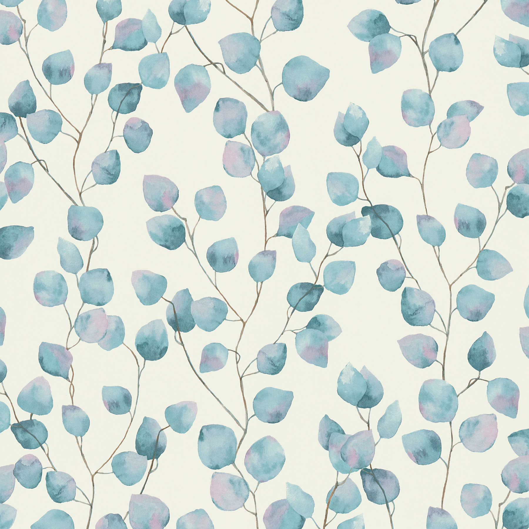 Vliestapete Blätterranken im Aquarellstil – Blau, Weiß
