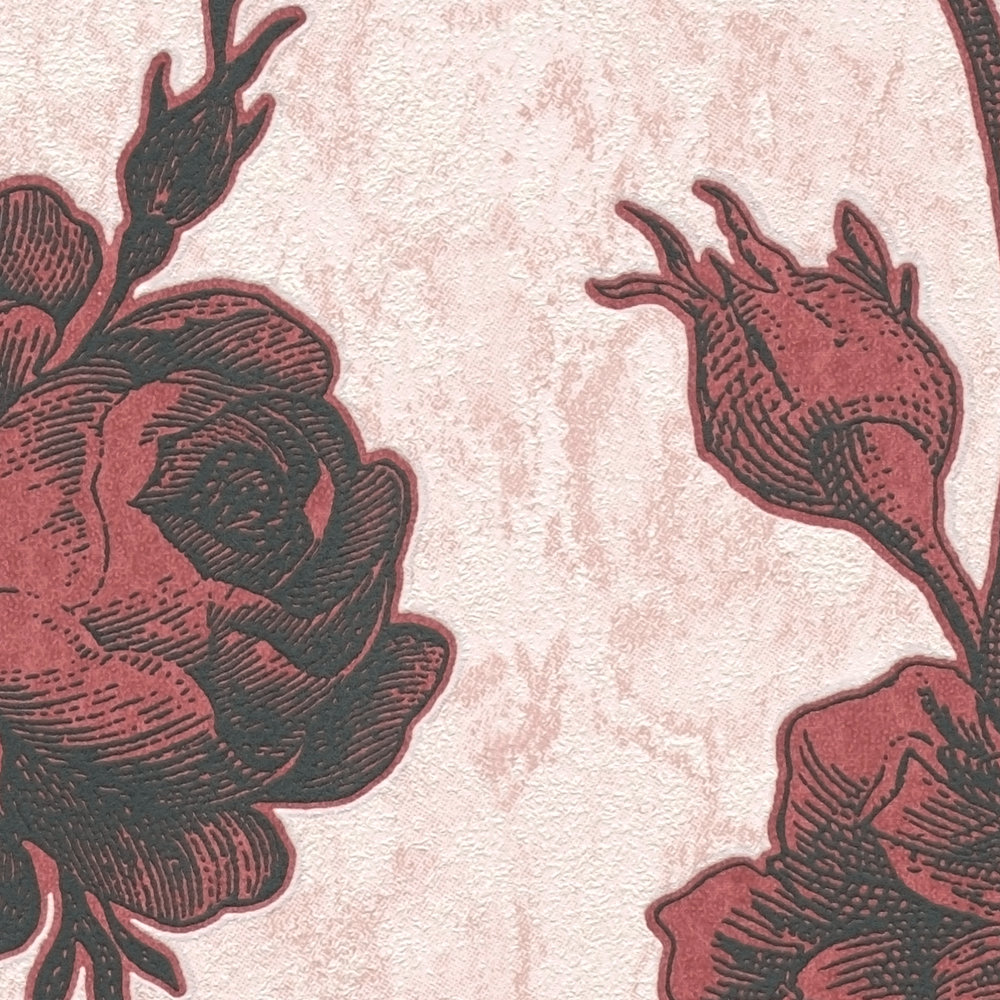             Rosen Tapete Rot-Schwarz im Vintage Zeichen Stil – Rosa, Rot
        
