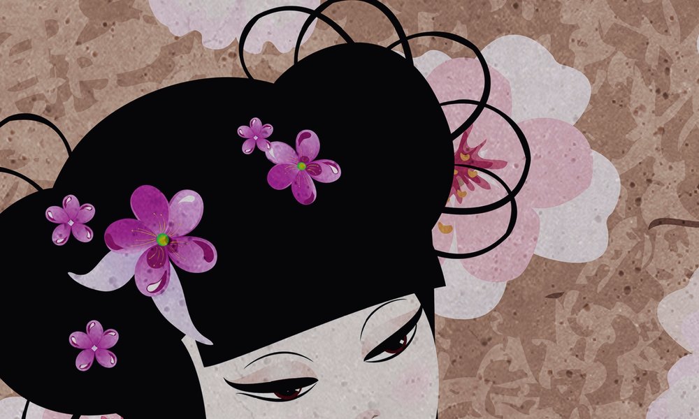             Fototapete Japan Comic mit Kirschblüten – Beige, Blau
        