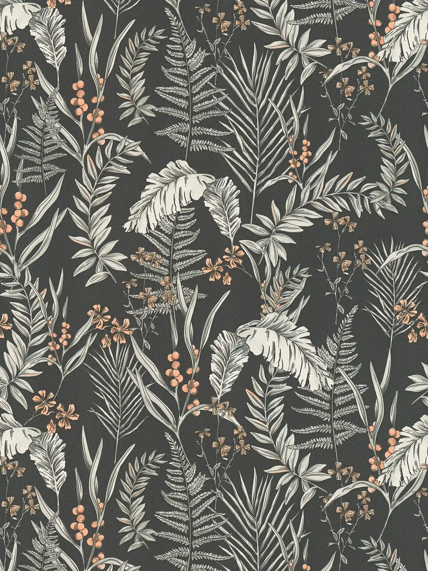 Florale Tapete im modernen Stil mit Blüten & Blättern strukturiert – Schwarz, Weiß, Orange
