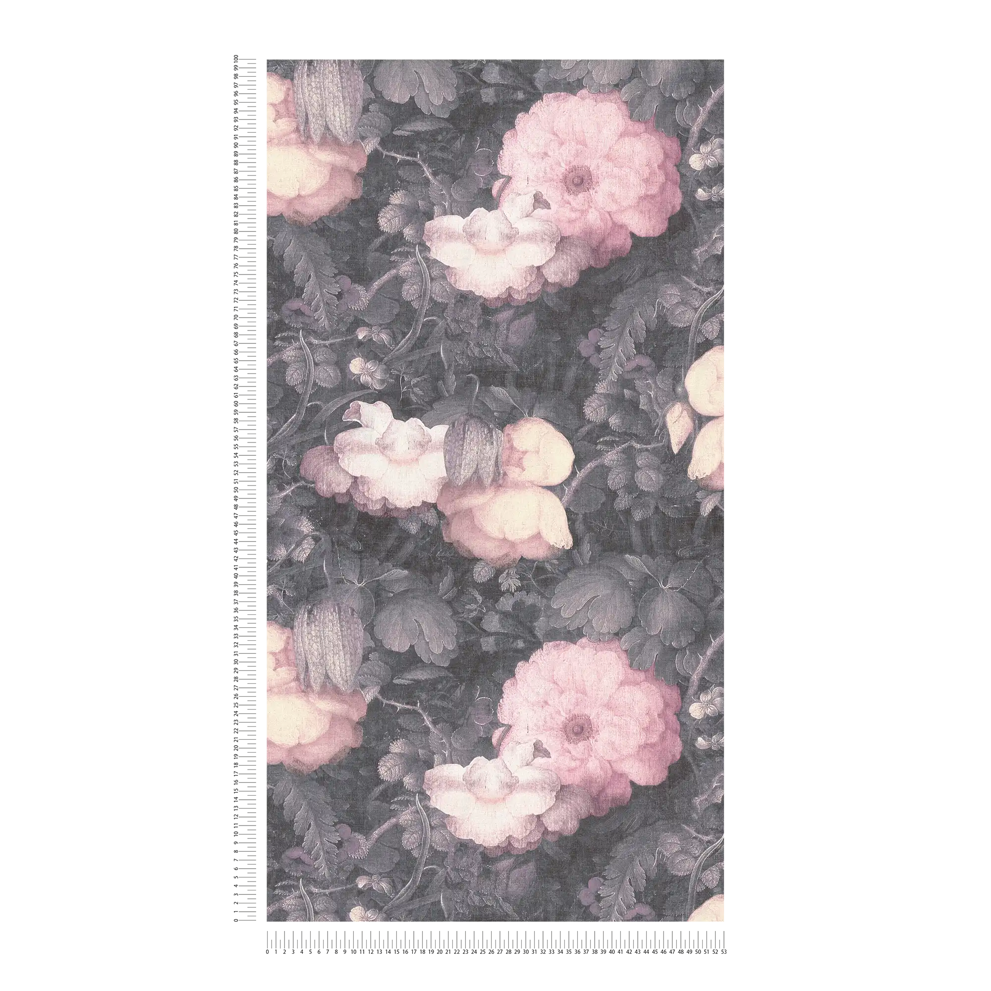             Blumentapete im Gemälde Stil, Leinwandoptik – Grau, Rosa, Schwarz
        