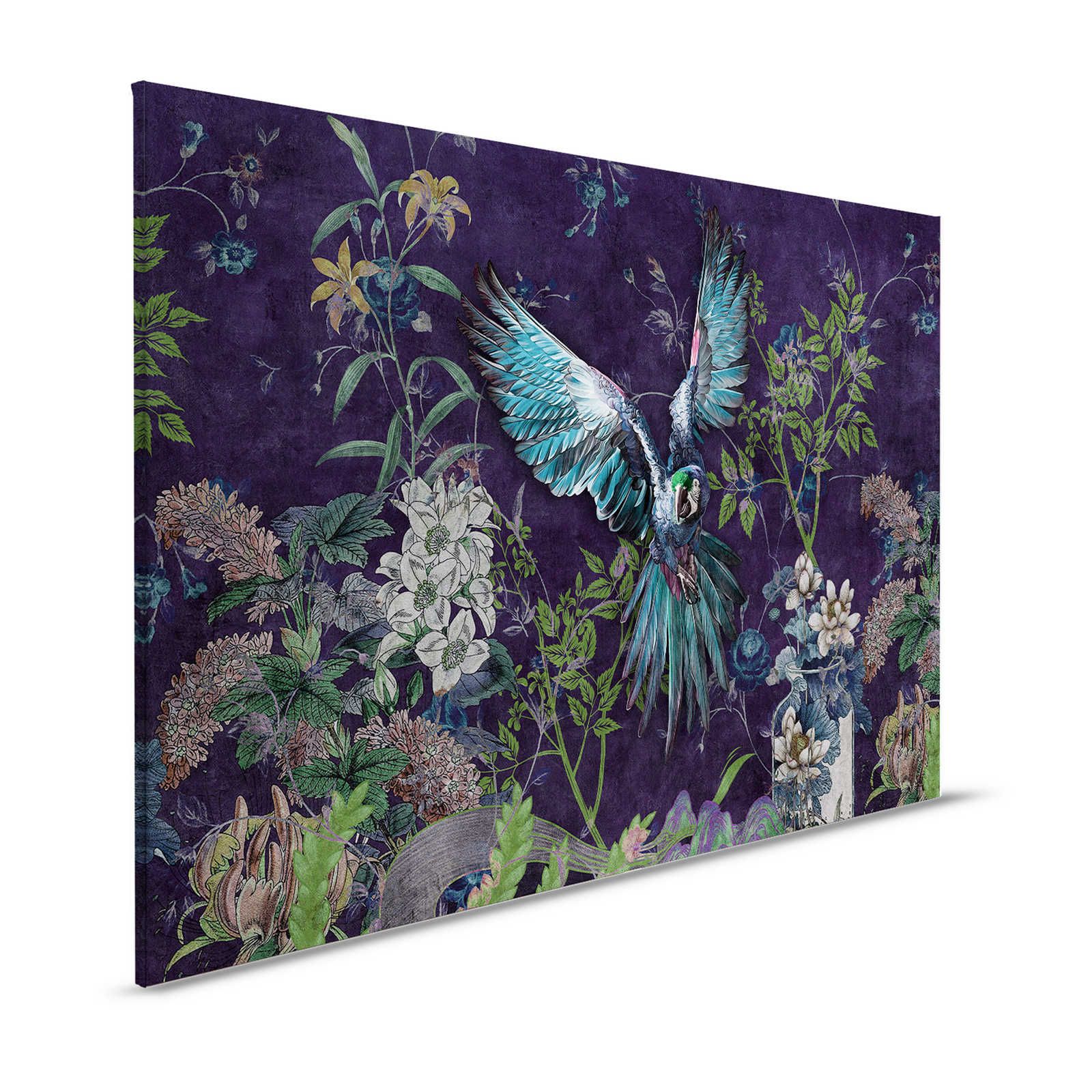 Tropical Hero 2 - Papagei Leinwandbild Blumen & schwarzer Hintergrund – 1,20 m x 0,80 m
