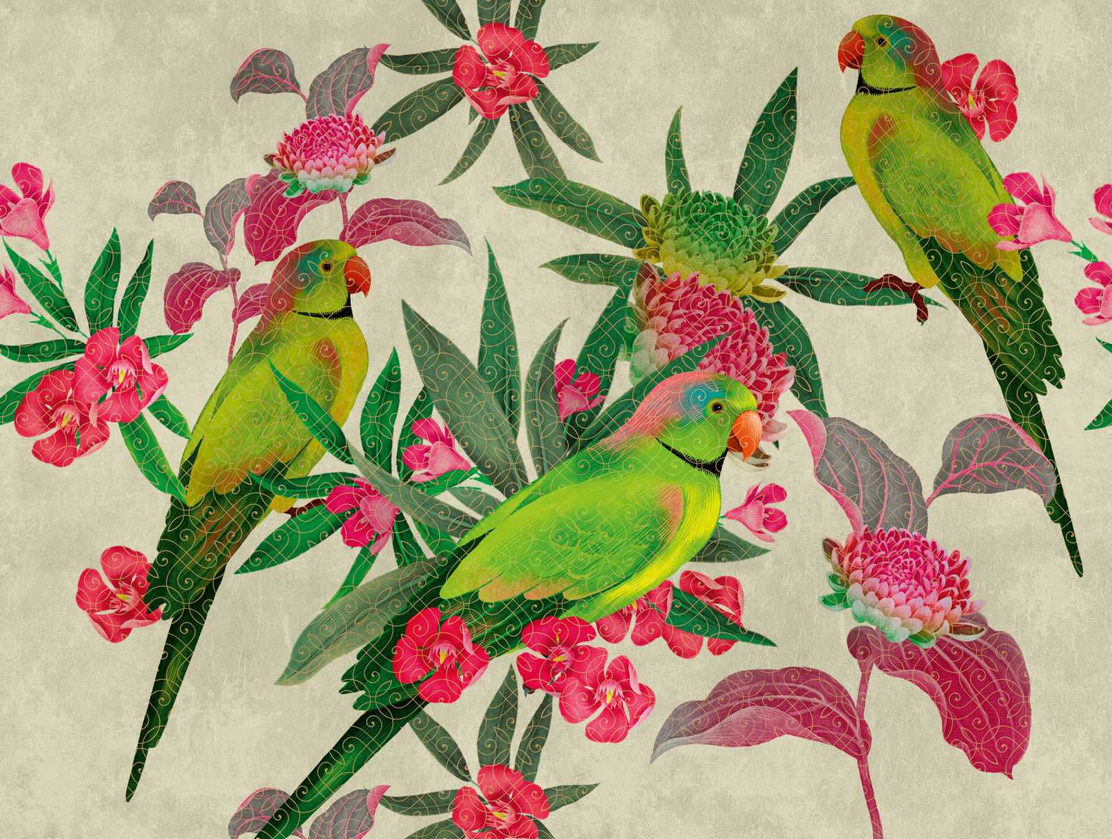             Tapeten Neuheit | Papageien Motivtapete mit Blumen im Kunststil
        