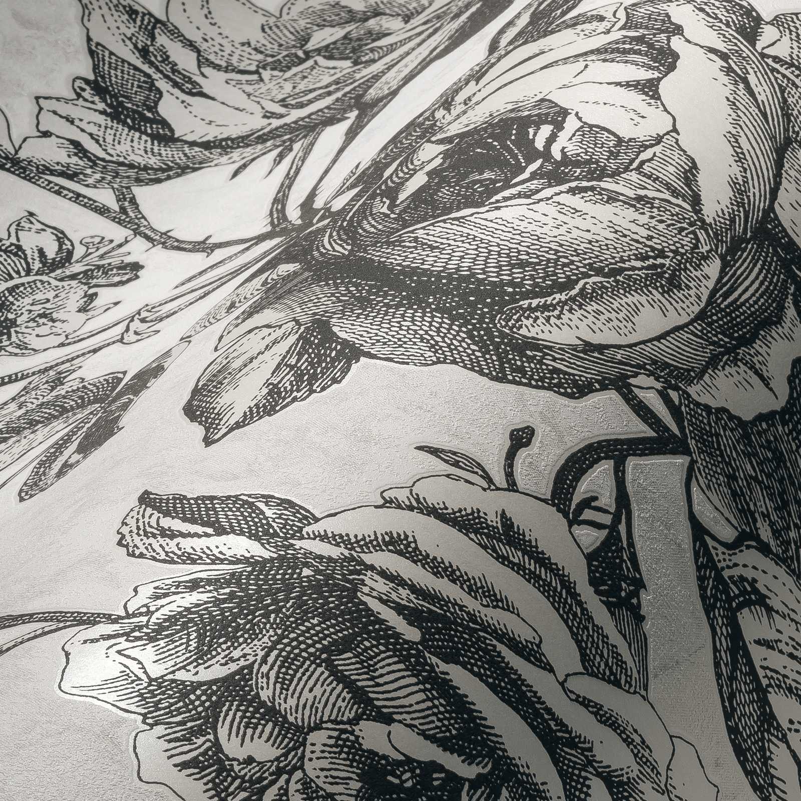             Schwarz-Creme Tapete Rosen Blütenmuster – Weiß, Schwarz, Grau
        