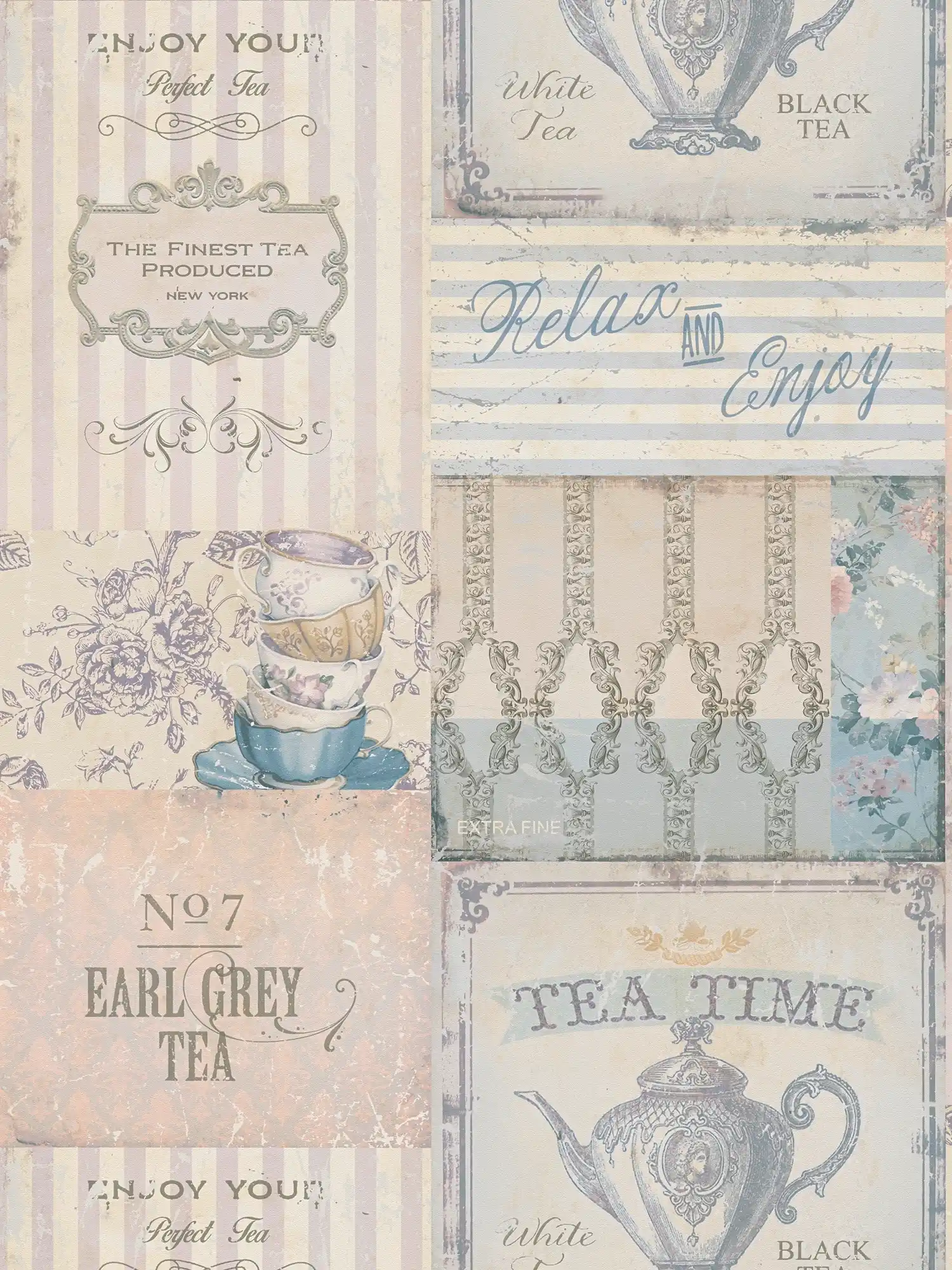 Tapete Tea Time Collage im Landhaus Stil – Blau, Grau
