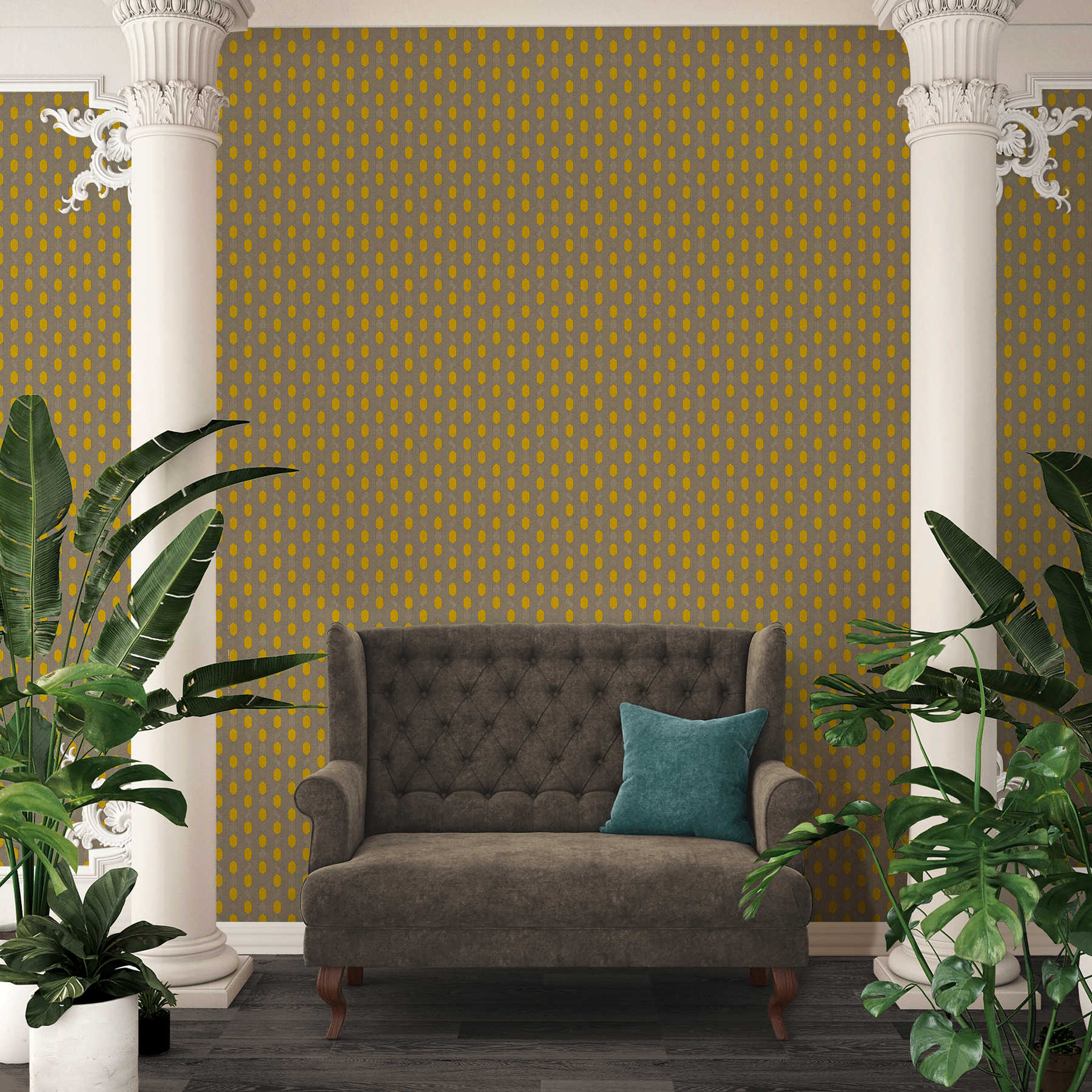             Vliestapete mit geometrischem Punkte-Muster – Gelb, Grau, Braun
        