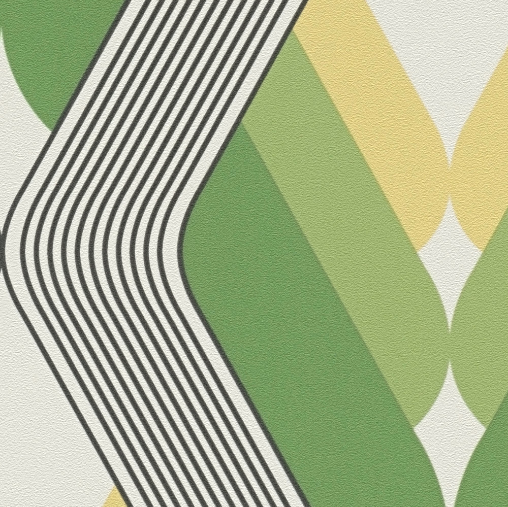             Grafiktapete 70er Design – Grün, Weiß, Schwarz
        