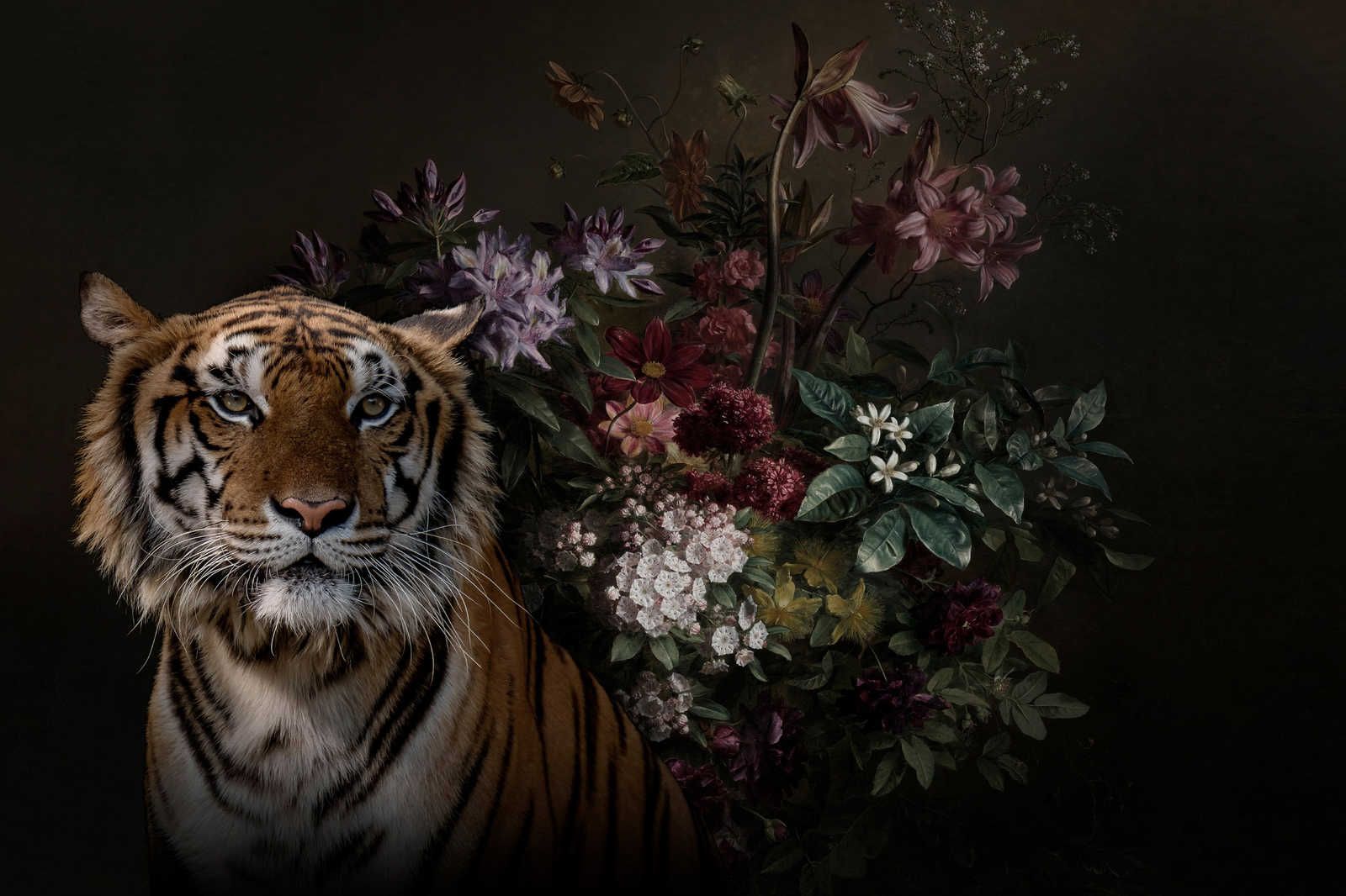            Leinwandbild Tiger Portrait mit Blumen – 1,20 m x 0,80 m
        