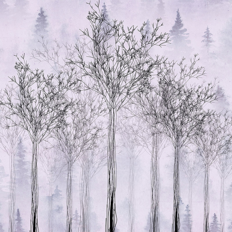 Fototapete bunte Betonoptik & Bäumen im Zeichen-Stil – Violett, Weiß, Schwarz
