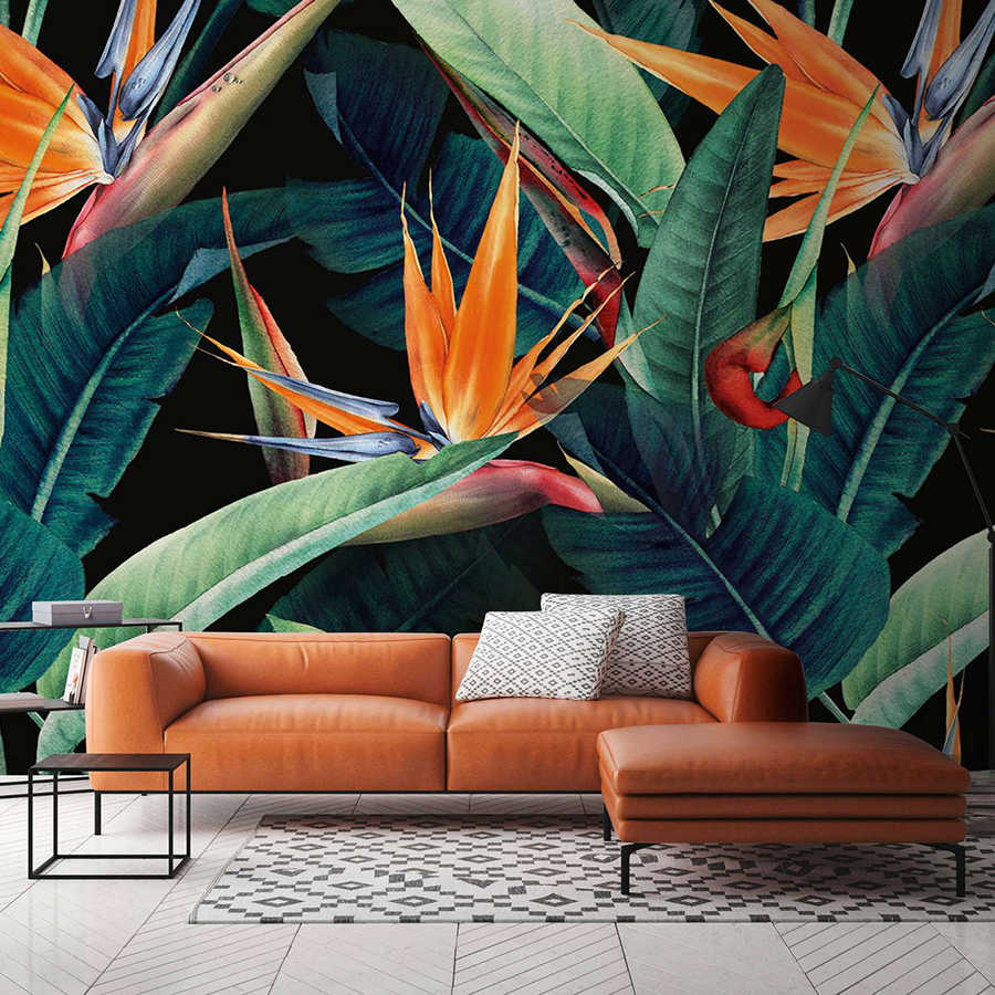 Fototapete Dschungelmotiv mit Blättern gemalt – Grün, Orange, Bunt
