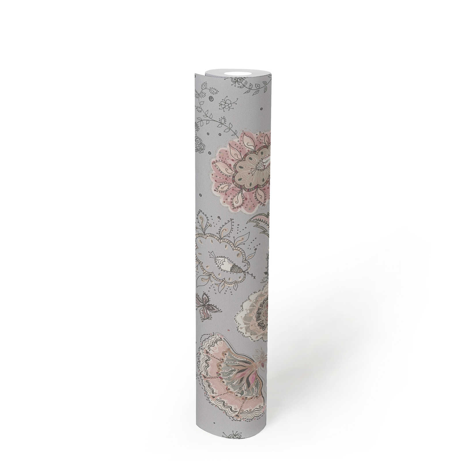             Vliestapete mit abstrakten Blumenmuster feiner Struktur – Grau, Beige, Creme
        
