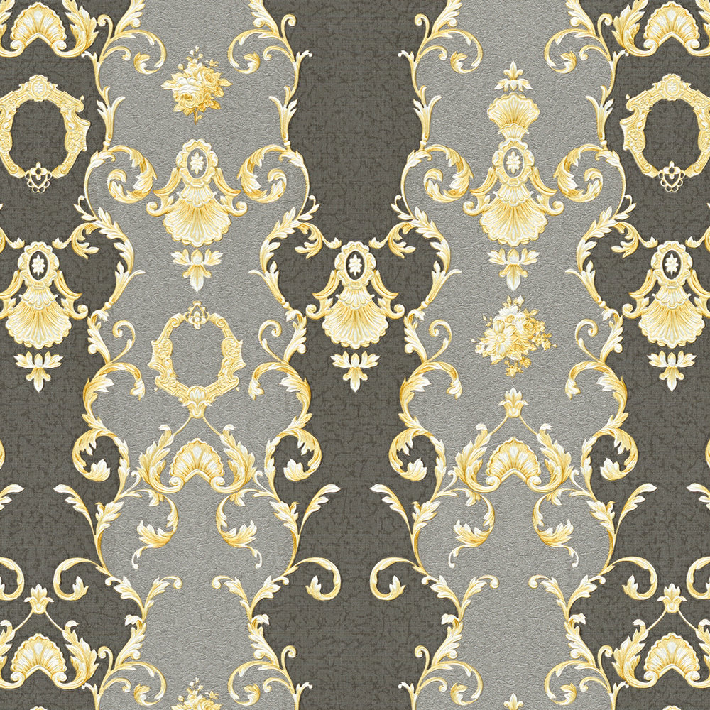             Ornament-Tapete Schwarz & Gold mit Streifen-Design
        