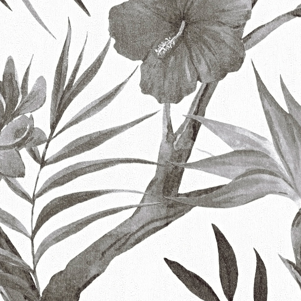             Dschungel Blüten Vliestapete in dezenten Farben – Schwarz, Weiß, Grau
        