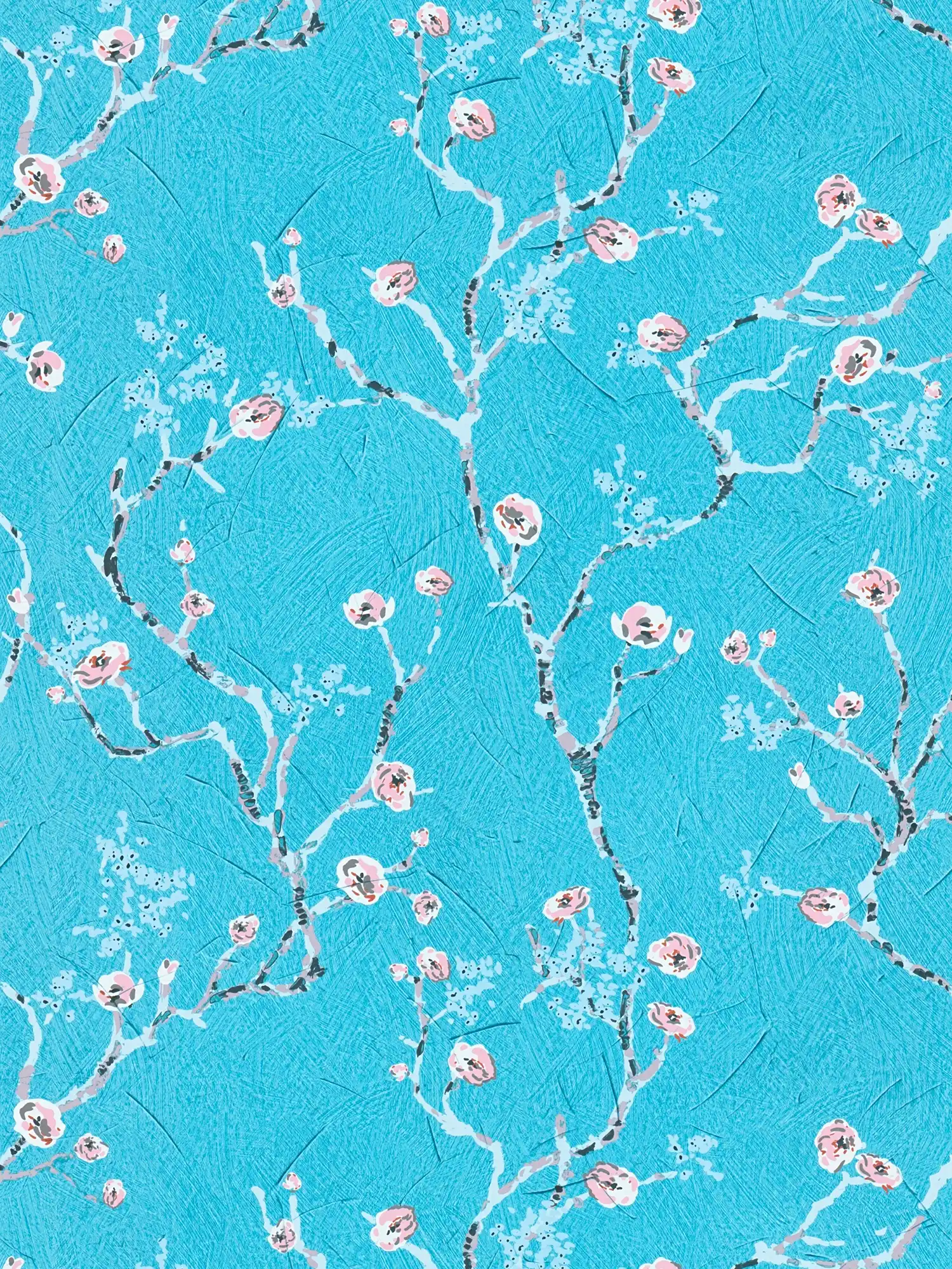 Blaue Tapete mit Kirschblüten Muster im Japan Stil
