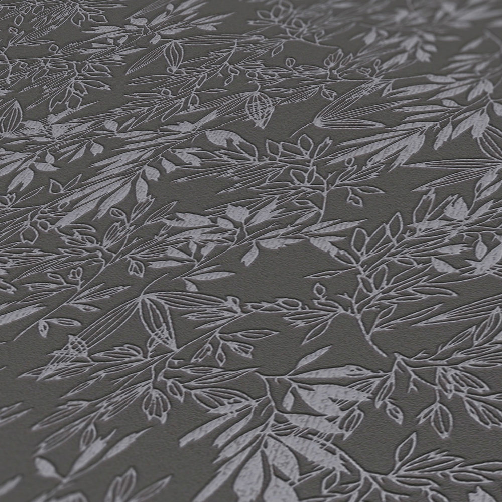             Tapete mit Blätter Motiv und Schaumstruktur – Schwarz, Grau
        