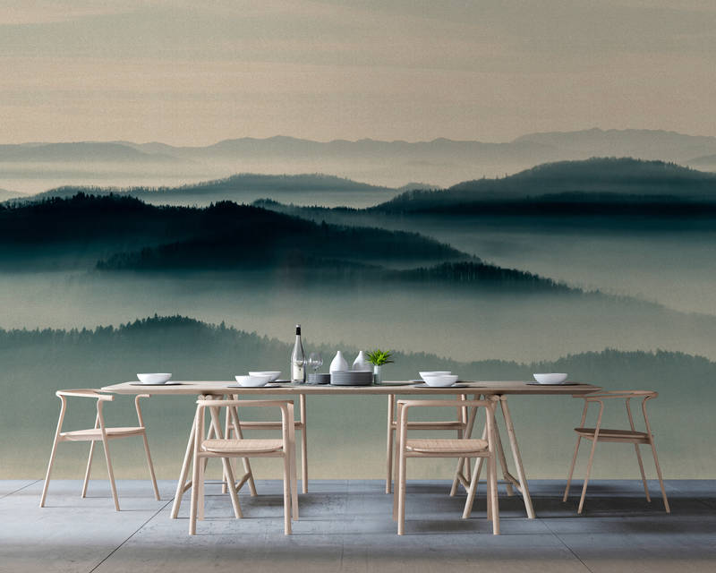             Horizon 1 - Fototapete mit Nebel-Landschaft, Natur Sky Line in Pappe Struktur – Beige, Blau | Premium Glattvlies
        
