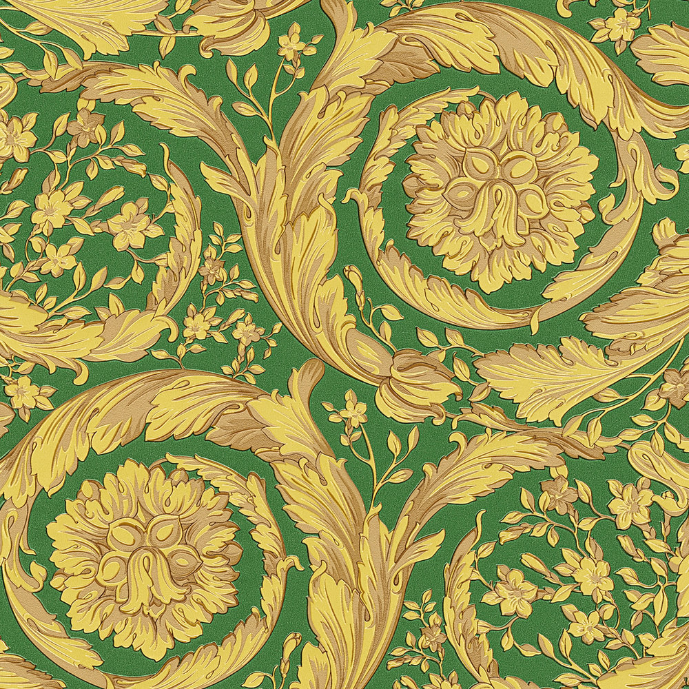             VERSACE Tapete ornamentales Blumenmuster – Grün, Metallic, Gelb
        