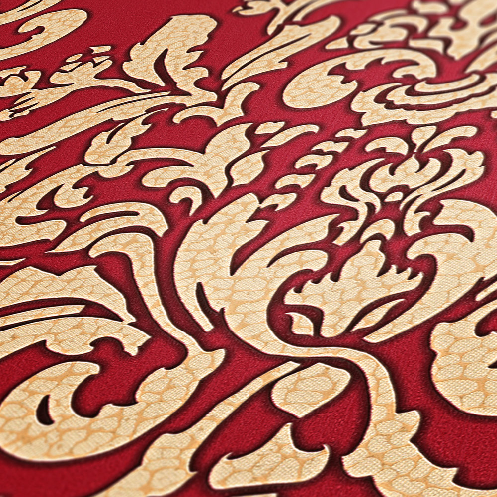             Ornament Tapete mit Krakelee Effekt – Beige, Rot
        