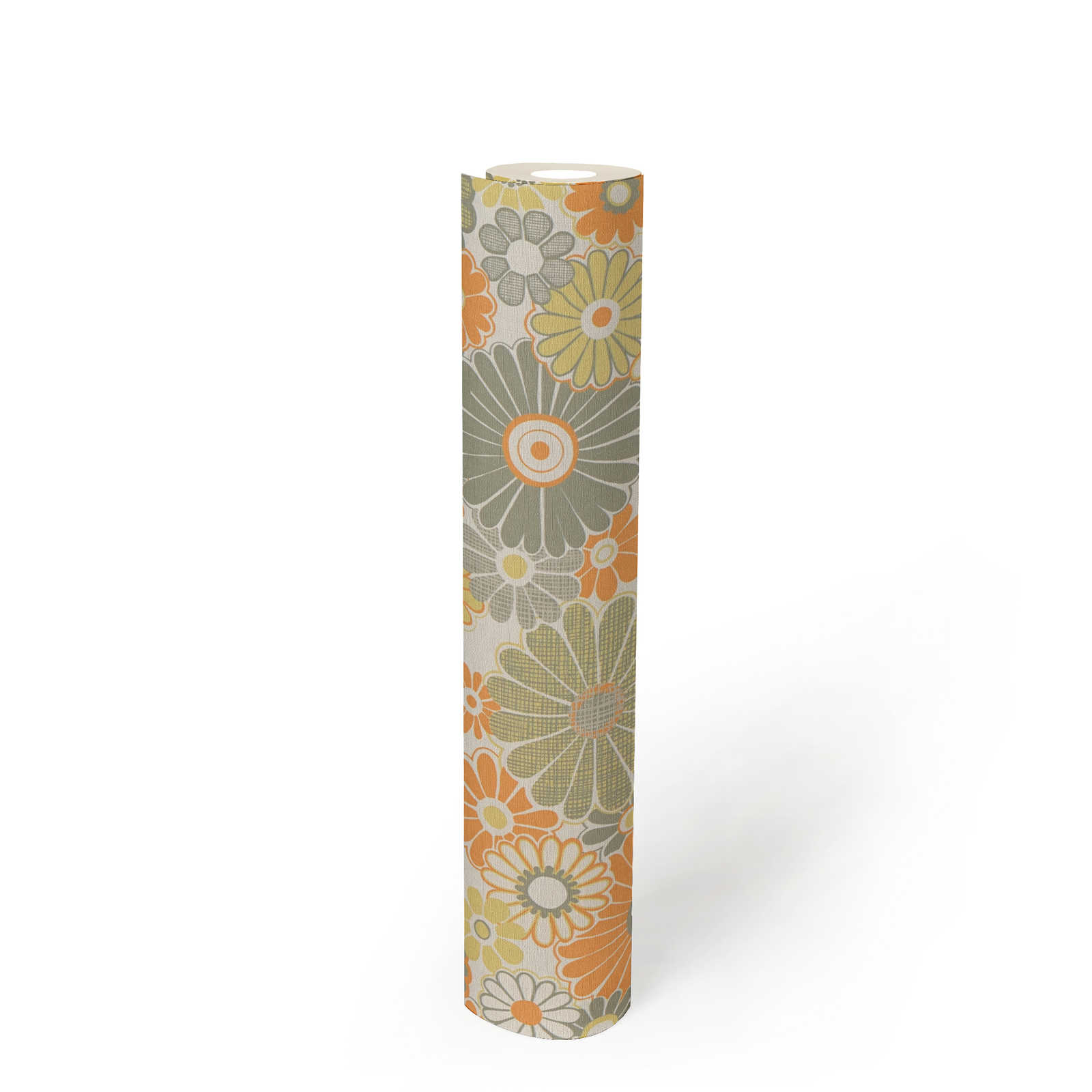             Leicht strukturierte Blumen Tapete im Retro Stil – Orange, Grün, Weiß
        