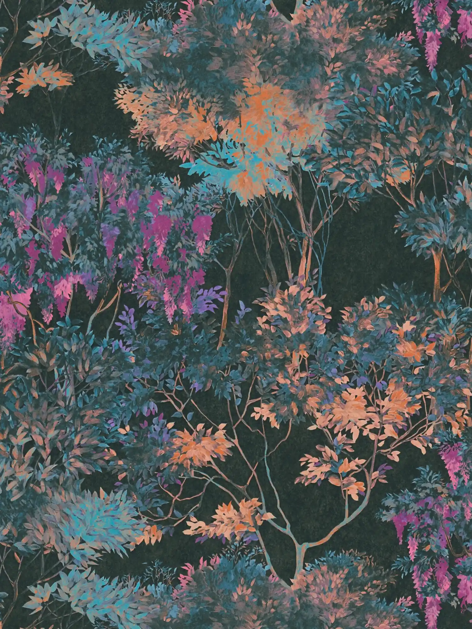 Dschungeltapete mit bunten Muster – Bunt, Schwarz, Blau
